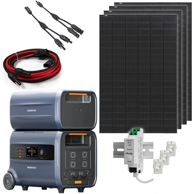 [RUNHOOD PV BUNDLE]  Balkonkraftwerk mit RUNHOOD F2400 + B2400 + SHELLY Smart Meter + 4 x 435 W Full Black Solar Panel + 2 x parallel Kabel MC4 + 5m MC4 Kabel