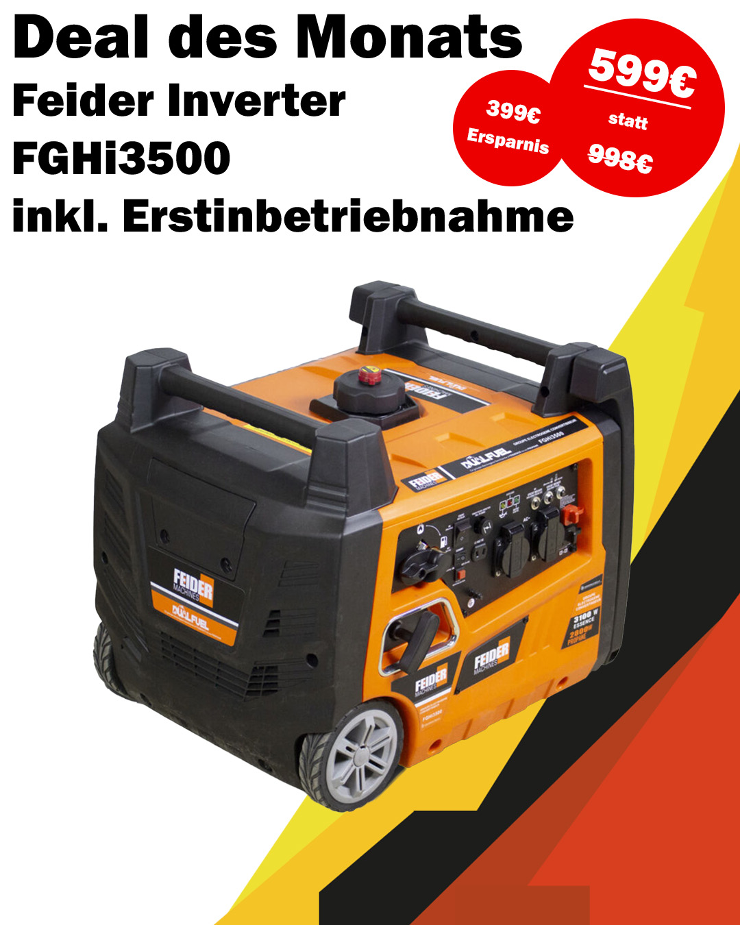 [Monatsdeal] FEIDER 3500W GAS & Benzin FGHi3500 Inverter Stromerzeuger mit 230V Dual Fuel inkl. Erstinbetriebnahme