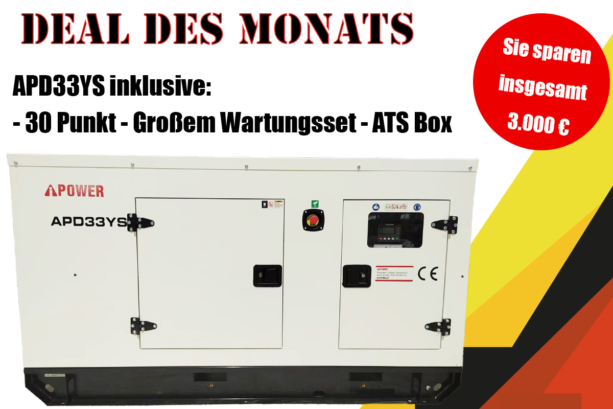 [Monatsdeal] Ai Power 36 kVA Diesel APD33YS Industrie Stromerzeuger Stromaggregat inkl. Erstinbetriebnahme, großem Wartungsset & ATS Box