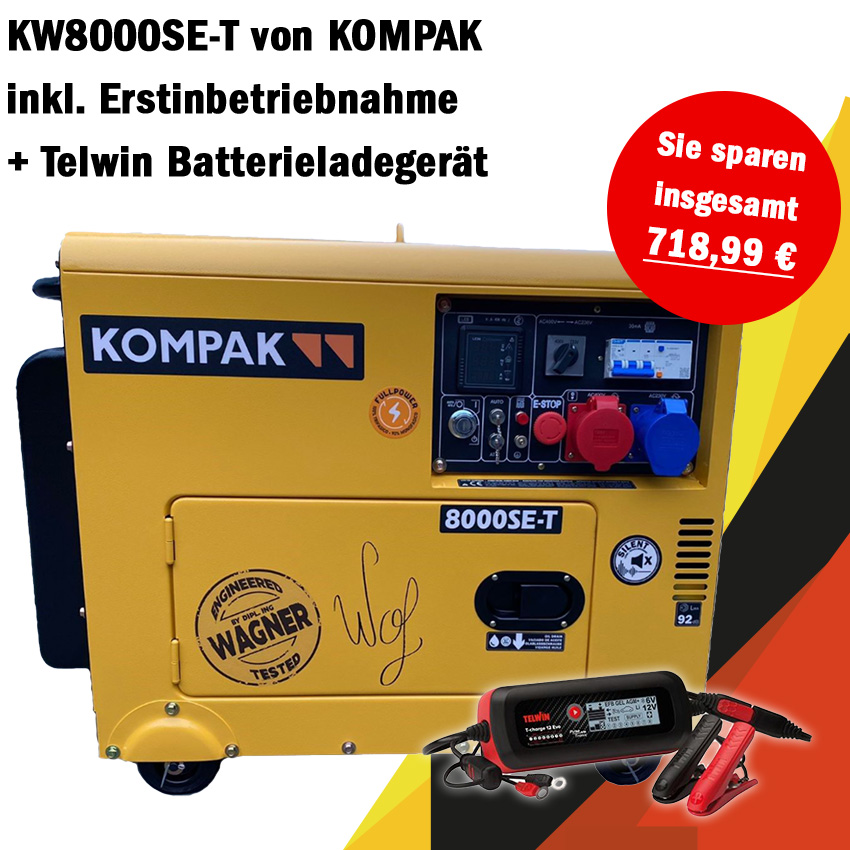 [MONATSDEAL] KOMPAK WAGNER Full Power 8 kVA Diesel  230&400V KW8000SE-T Stromaggregat inkl. Erstinbetriebnahme & Telwin Batterieladegerät