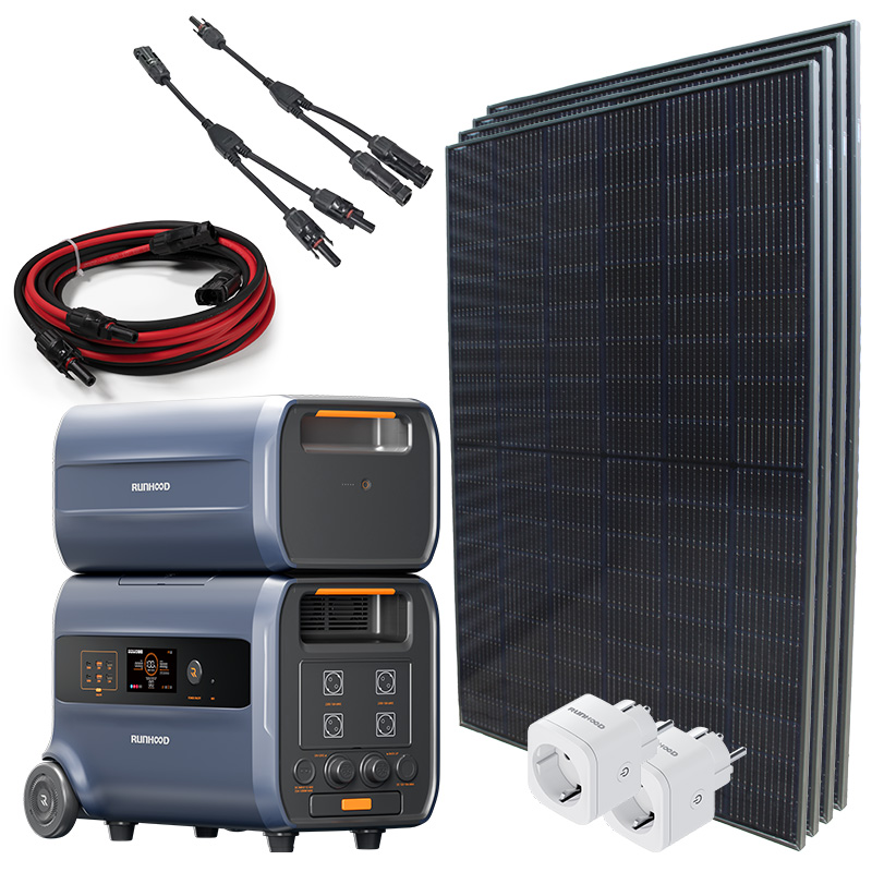 RUNHOOD BUNDLE  Balkonkraftwerk mit RUNHOOD F2400 + B2400 + 2x RUNHOOD Smart Plug + 4 x 435 W Full Black Solar Panel + 2 x parallel Kabel MC4 + 5m MC4 Kabel 