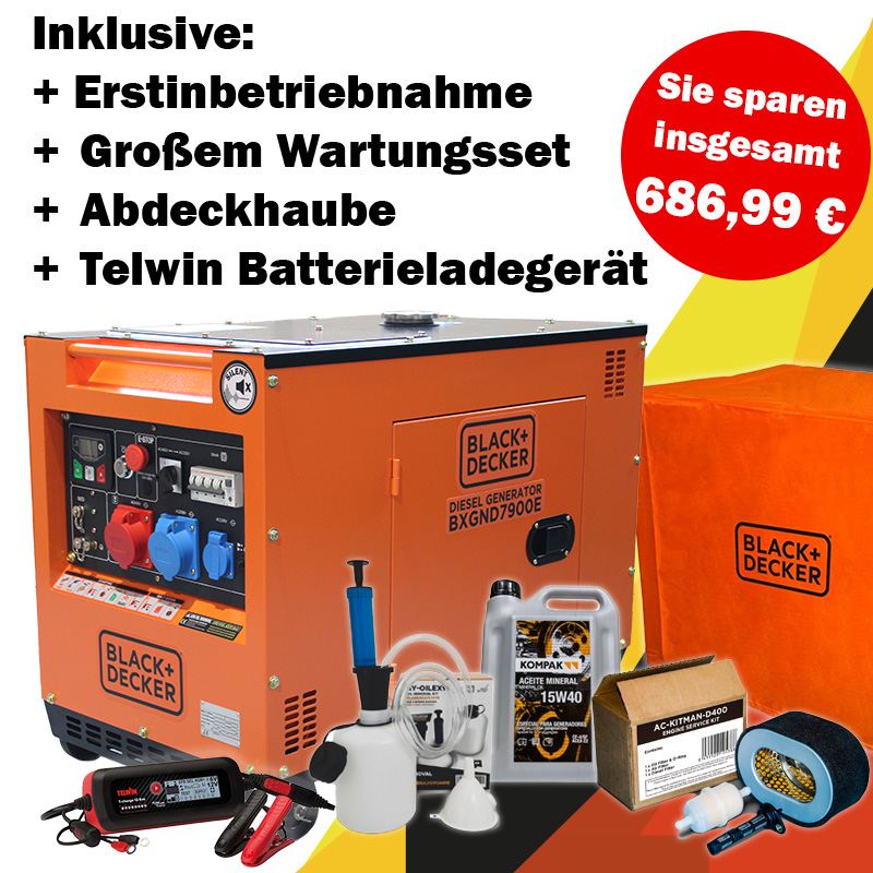 [Monatsdeal] Black + Decker Full Power 8 kVA  Diesel  BXGND7900E 230&400 V Stromaggregat inkl. Erstinbetriebnahme, großem Wartungsset, Abdeckhaube & gratis Telwin Batterieladegerät