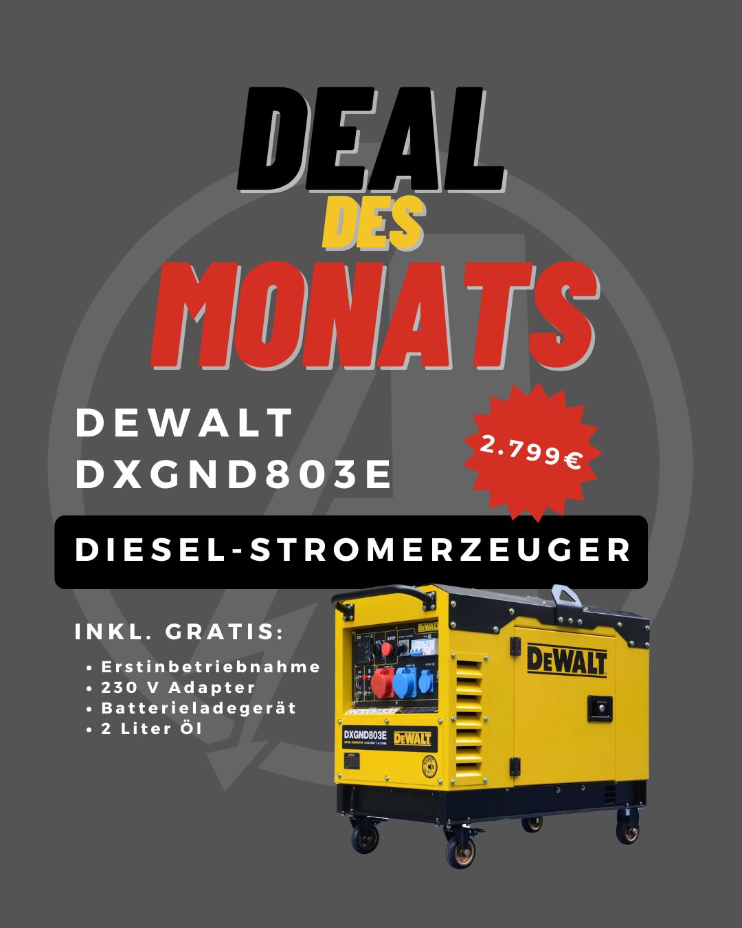 [Monatsdeal] DeWalt Stromerzeuger 7,9 kVA  Diesel DXGND803E Stromaggregat inkl. Erstinbetriebnahme, 230 V Adapter, Batterieladegerät & 2 Liter Öl