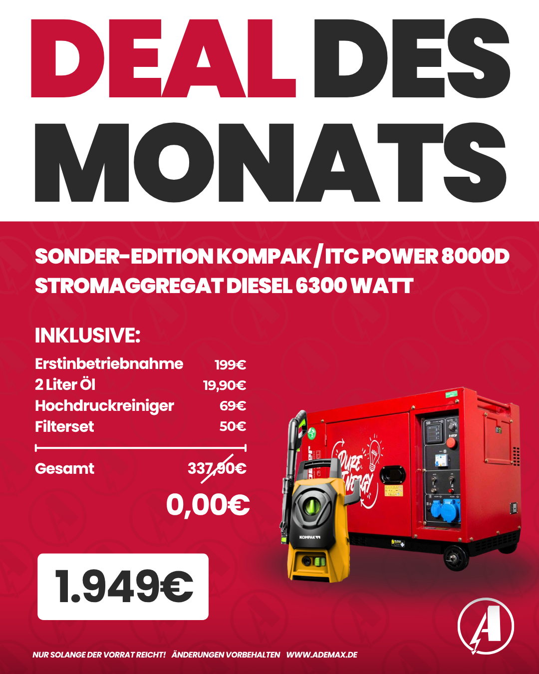 [MONATSDEAL] ITC POWER Stromerzeuger Stromaggregat Diesel 6300 Watt 8000D inkl. Erstinbetriebnahme, Hochdruckreiniger, 2L Öl & Wartungsset