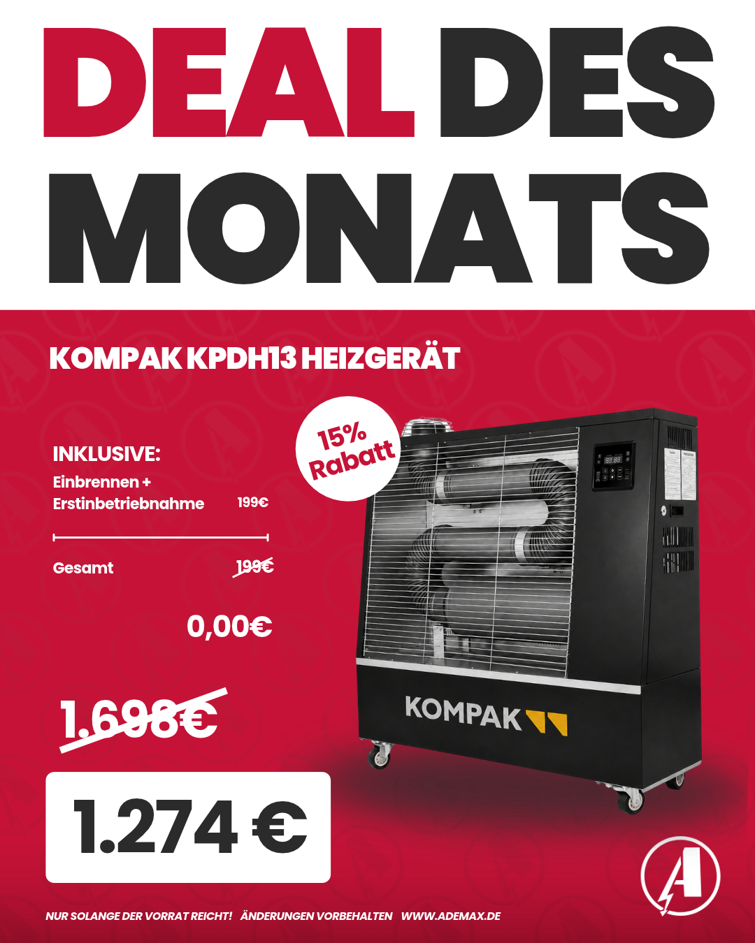 [MONATSDEAL] Kompak KPDH13 13 kW Diesel Infrarot-Heizgerät 1300m³ inkl. App u. Fernbedienung GRATIS | Biodiesel/HVO