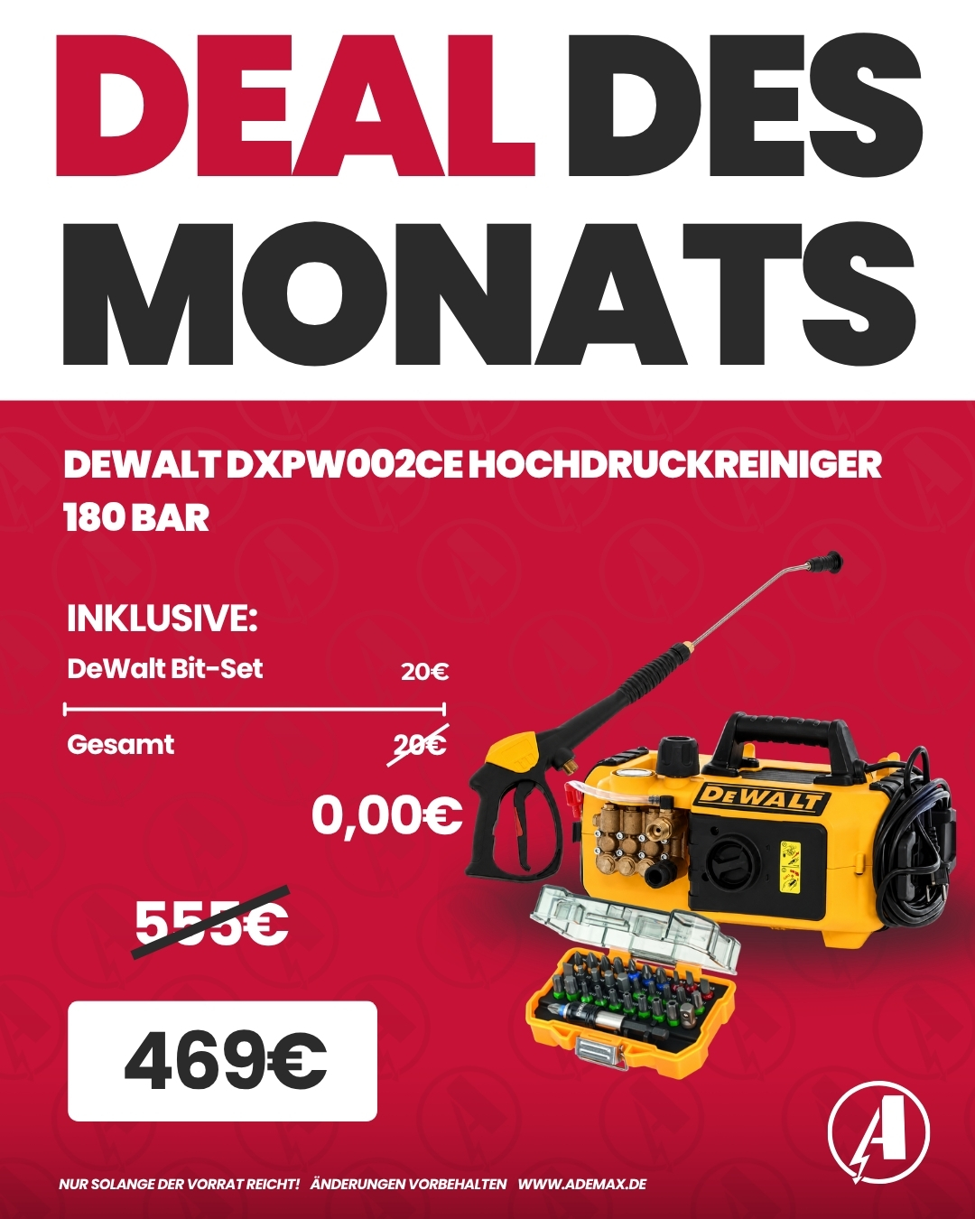 [MONATSDEAL] DEWALT Kaltwasser - Hochdruckreiniger 180 bar DXPW002CE inkl. gratis Bit-Set von DeWalt