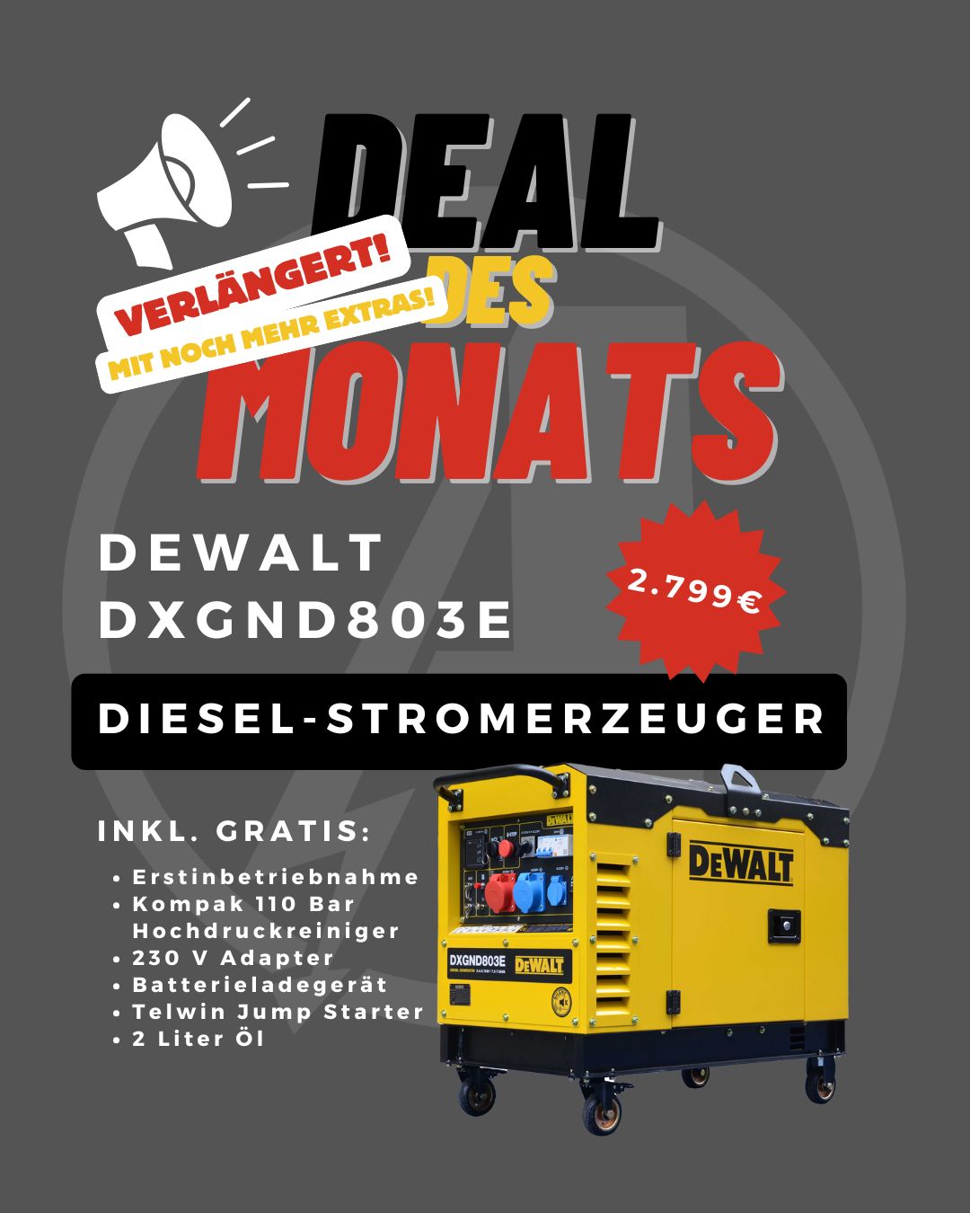 [Monatsdeal] DeWalt Stromerzeuger 7,9 kVA  Diesel DXGND803E Stromaggregat inkl. Erstinbetriebnahme, 230 V Adapter, Batterieladegerät & 2 Liter Öl