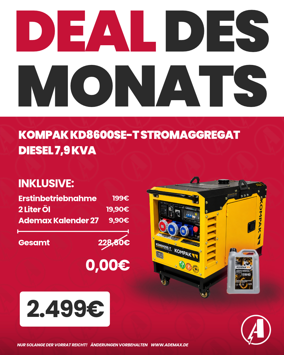 [MONATSDEAL] KOMPAK Stromerzeuger 7,9 kVA  Diesel KD8600SE-T Stromaggregat inkl. Erstinbetriebnahme, 2 Liter Öl & Ademax Kalender
