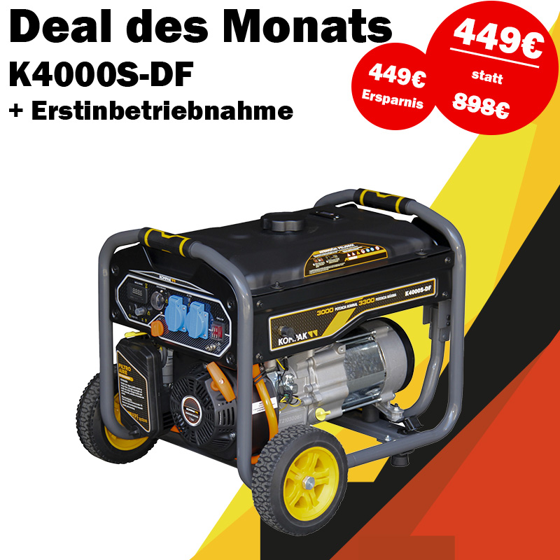 [Monatsdeal] Gas & Benzin KOMPAK Stromerzeuger Stromaggregat 3.300 Watt K4000S-DF inkl. Erstinbetriebnahme